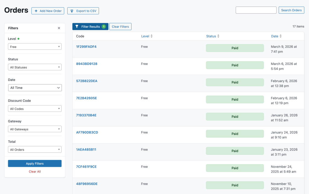 Screenshot of the orders admin page with the filter sidebar open showing Level, Status, Date Range, Discount Code, Gateway, and Total filters
