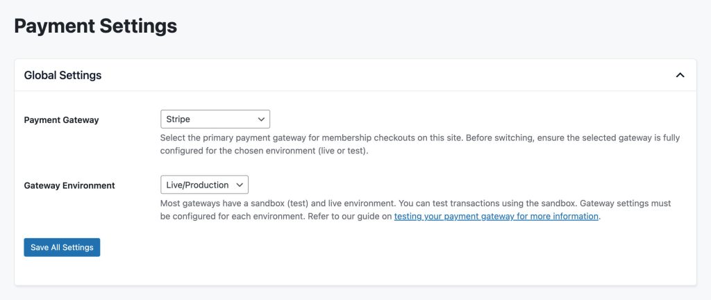 Screenshot of PMPro Global Payment Settings