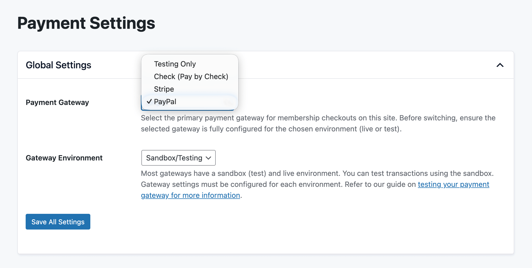 PMPro Payment Settings page with the Payment Gateway dropdown open, showing Testing Only, Check (Pay by Check), Stripe, and PayPal selected with a checkmark. The Gateway Environment field below is set to Sandbox/Testing.