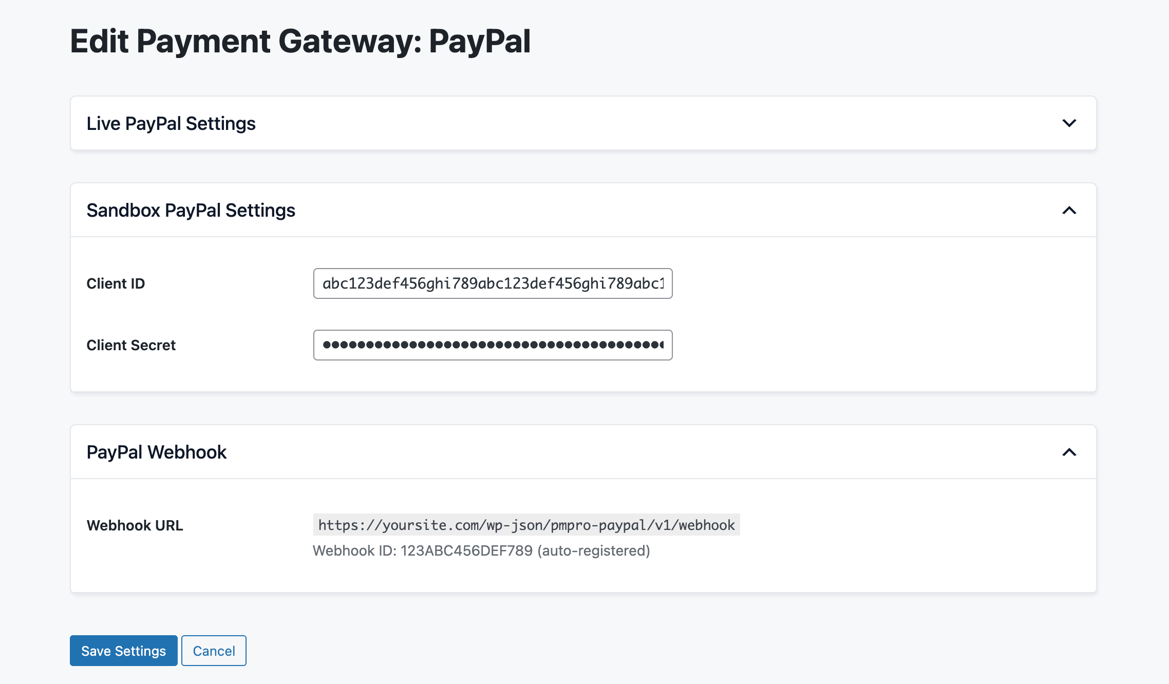 PMPro Edit Payment Gateway: PayPal settings screen showing Live PayPal Settings (collapsed), Sandbox PayPal Settings (expanded with Client ID and Client Secret fields), and a PayPal Webhook section with the auto-registered Webhook URL and Webhook ID.