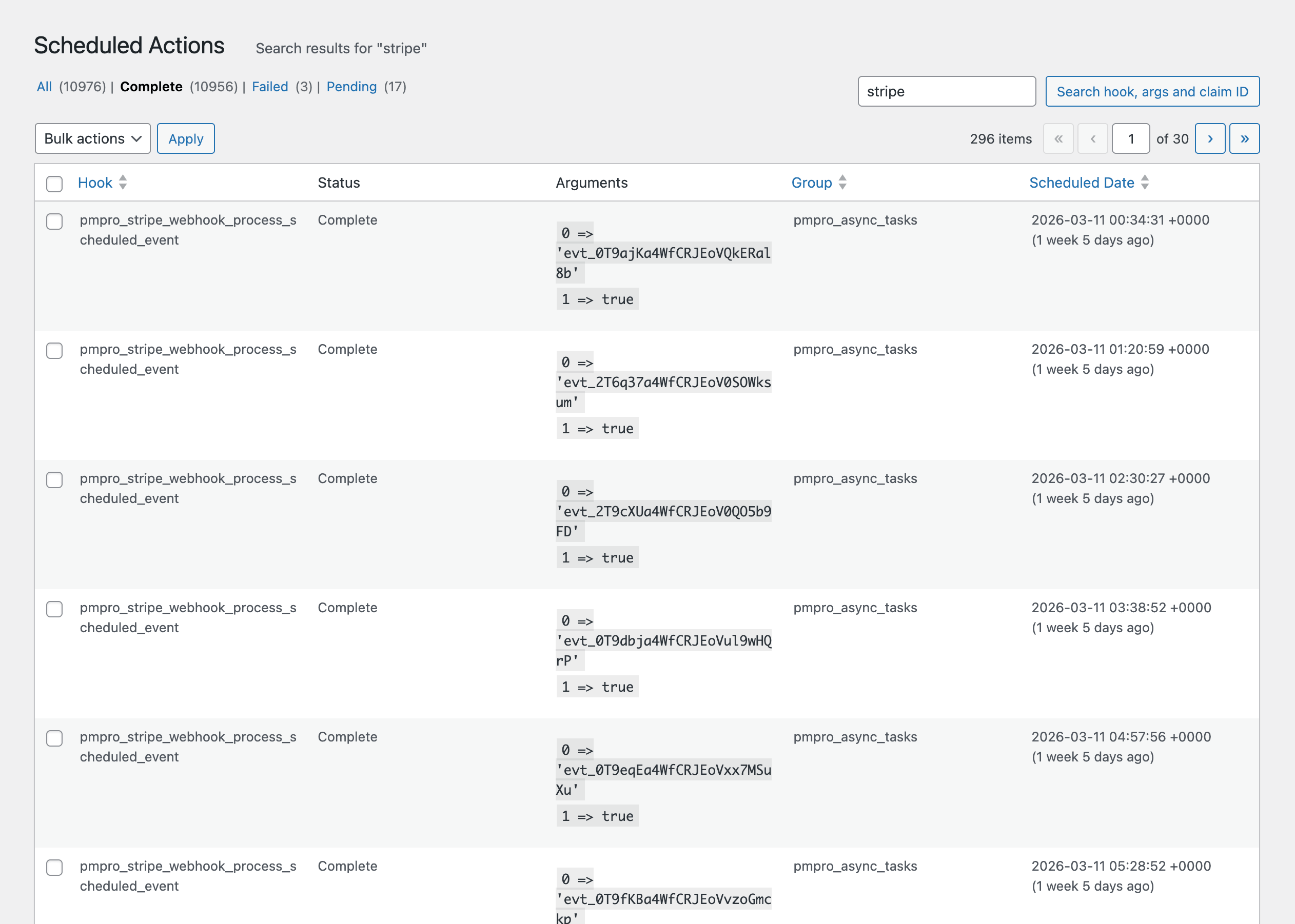 Screenshot of the Scheduled Actions screen in WordPress admin filtered by completed async Stripe events