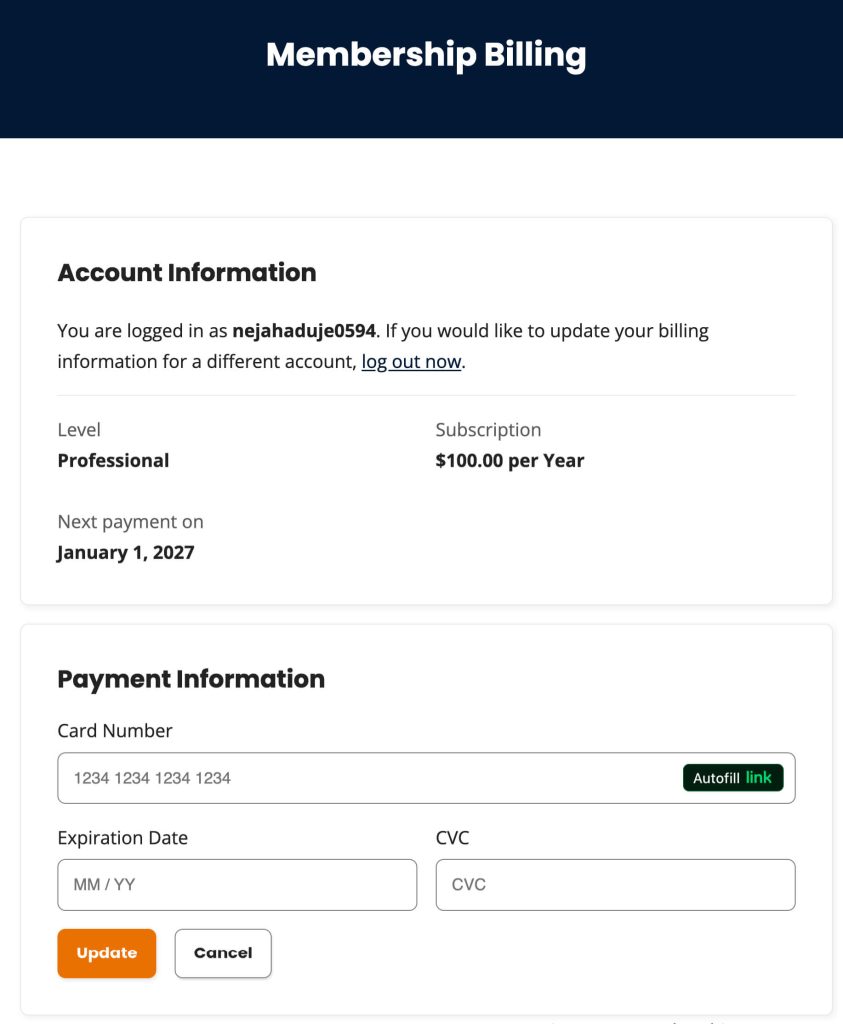 Screenshot of the default Billing Info page with the option to update the credit card