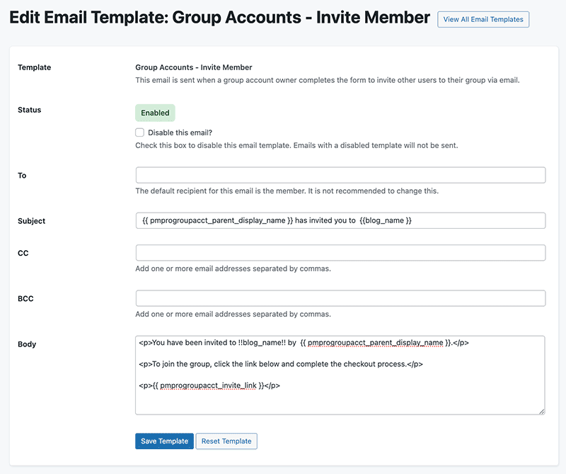 Edit the Invite Member Email using the PMPro Group Accounts Add On