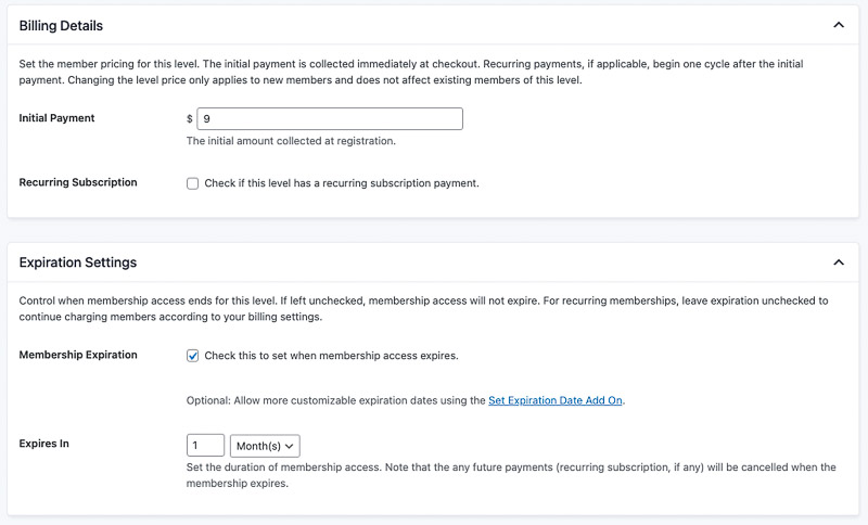 Screenshot of expiration settings within membership level settings in PMPro