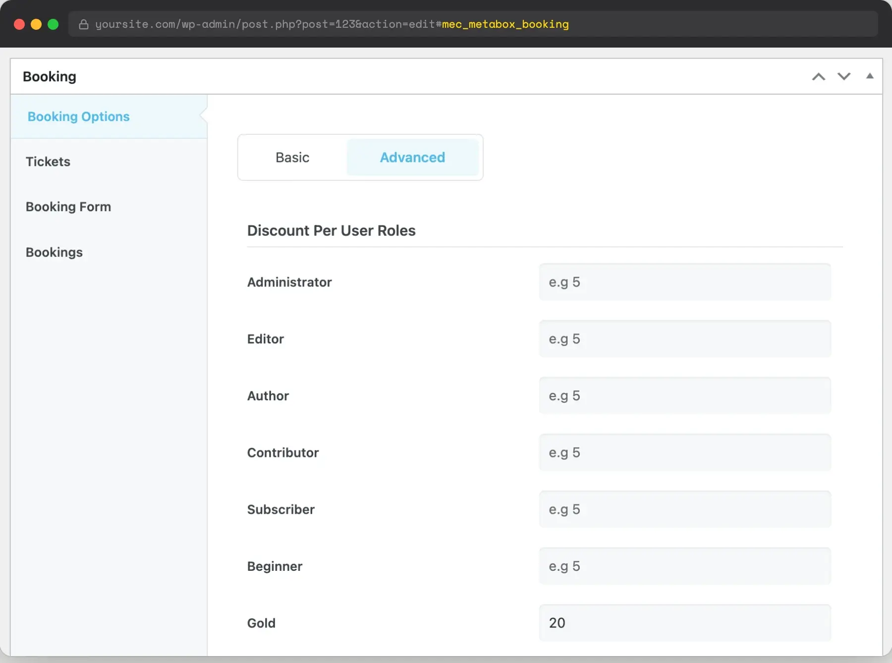 MEC event Booking Options > Advanced tab showing the Discount Per User Roles section with example percentages set for Gold and Silver roles