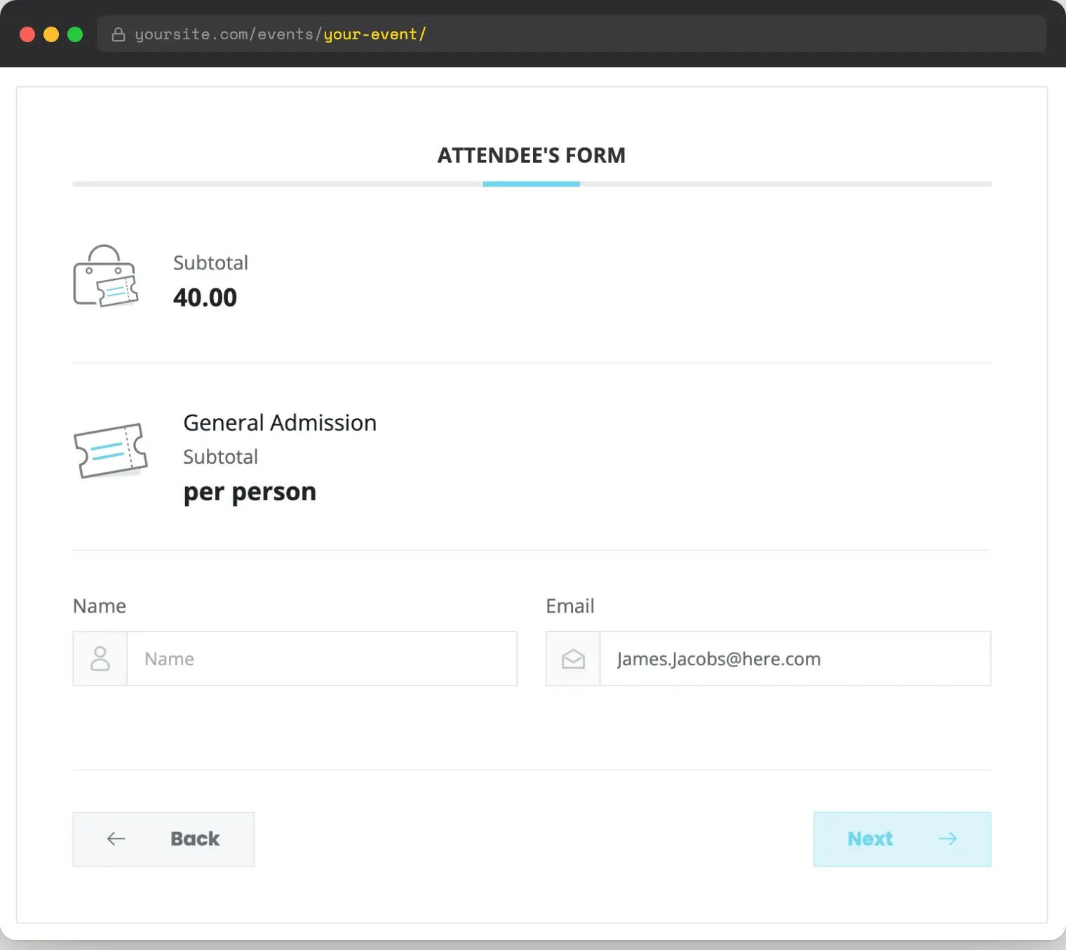Frontend single event page viewed as a logged-in Gold member, with the ticket booking widget showing the discounted price after the 20% role discount is applied