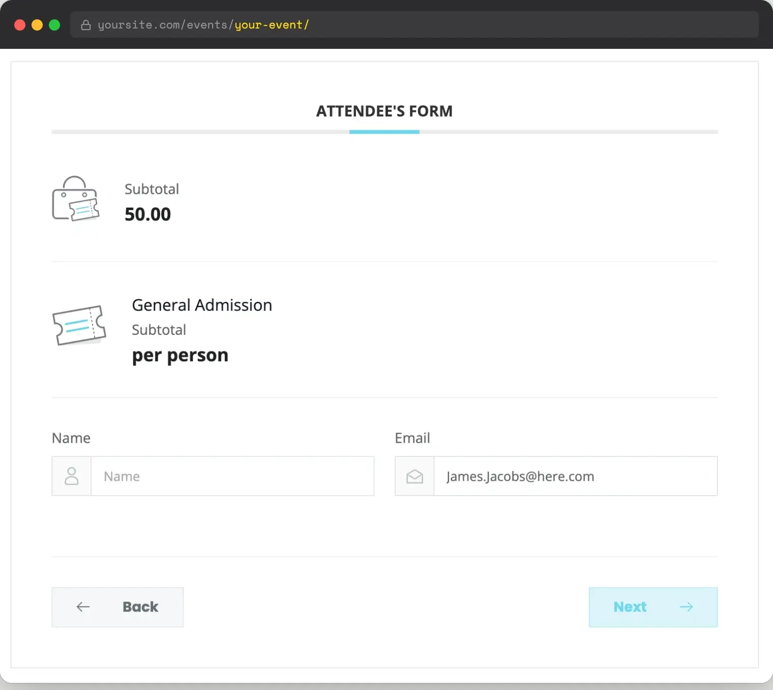 Frontend single event page viewed as a non-member, with the ticket booking widget showing the full ticket price