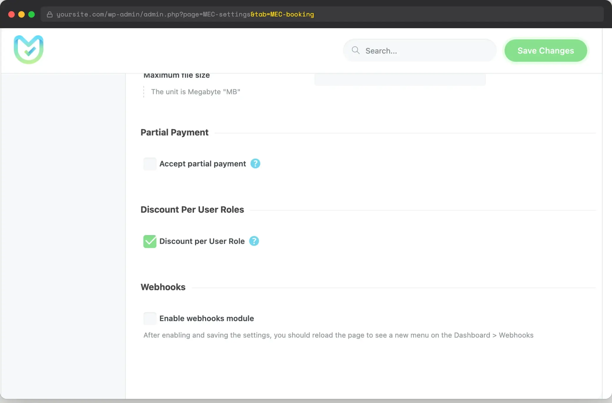 M.E. Calendar Settings > Booking > Advanced tab with the Discount Per User Roles toggle enabled