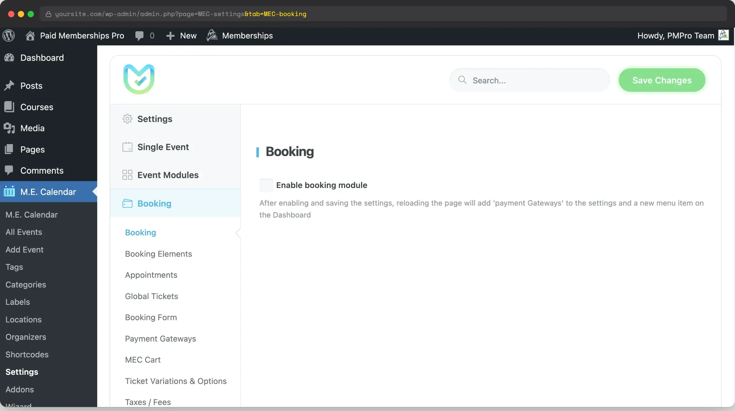M.E. Calendar Settings > Booking screen with the Enable booking module checkbox highlighted