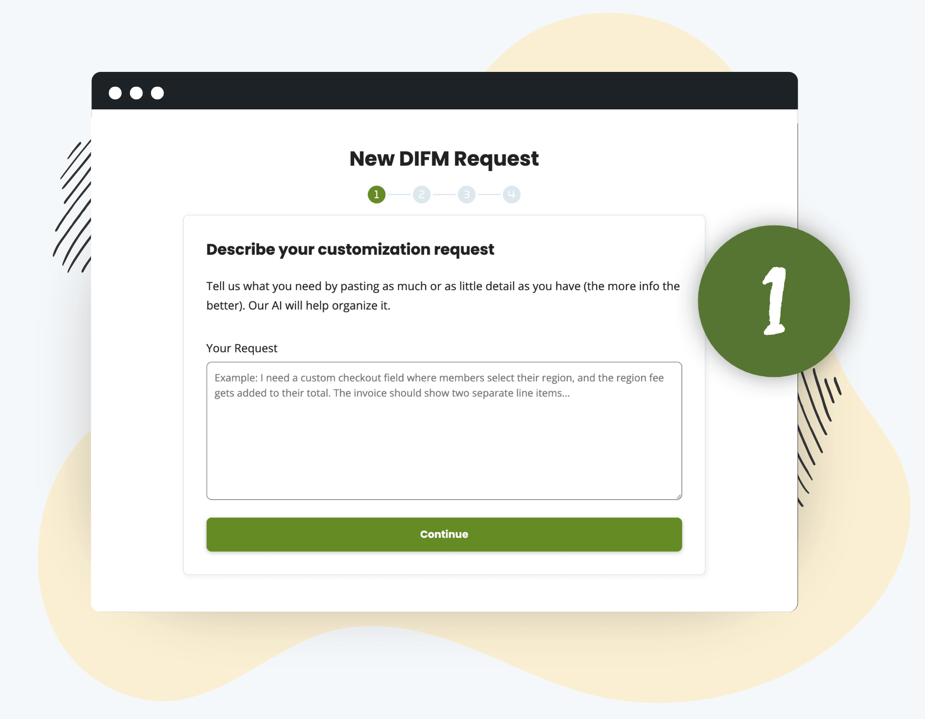 Step 1 of the Do It For Me form — a free-form textarea where the member describes their customization request in plain English.
