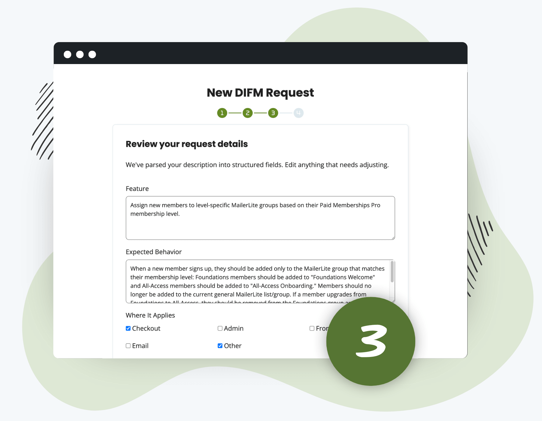 Step 3 of the Do It For Me form — structured fields including Feature, Expected Behavior, Where It Applies checkboxes, Current Setup, and Edge Cases.