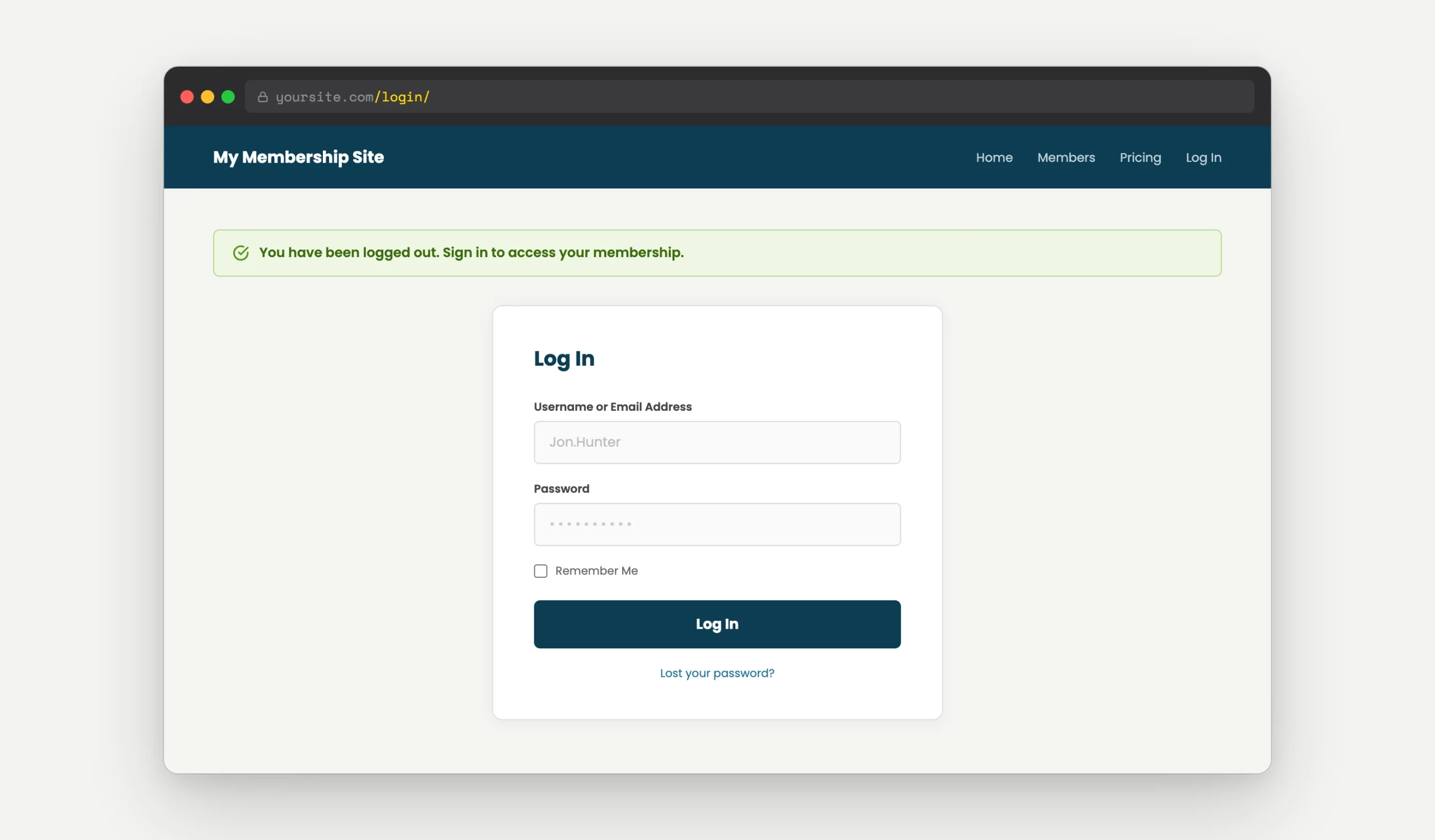 Screenshot showing the PMPro login page with a green confirmation badge indicating the user was logged out and redirected