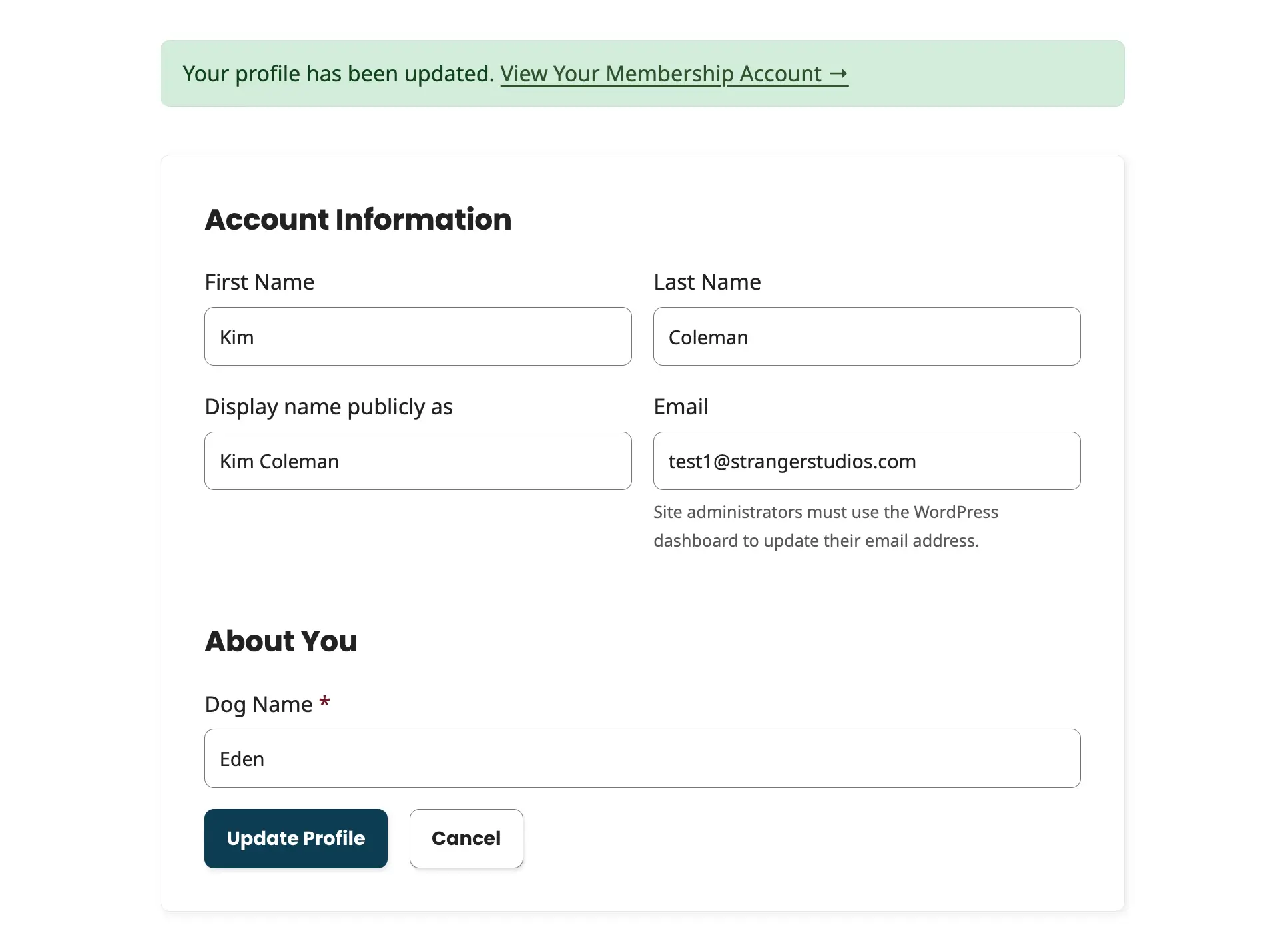 Edit Profile page fields filled in, no error state (after completing all required fields)