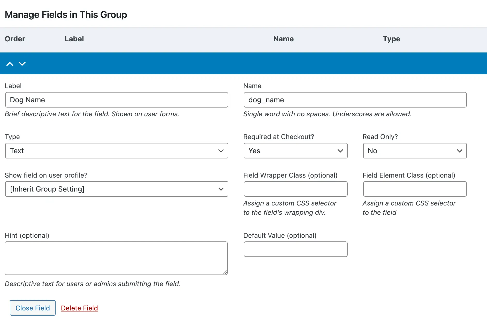 User Fields settings page (Memberships > Settings > User Fields) showing a field group with at least one field with the Required checkbox checked
