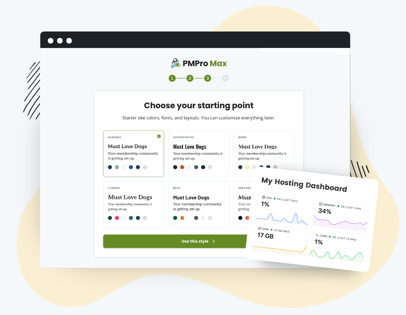 Screenshot of the PMPro Max onboarding process and a mini widget of your hosting dashboard metrics