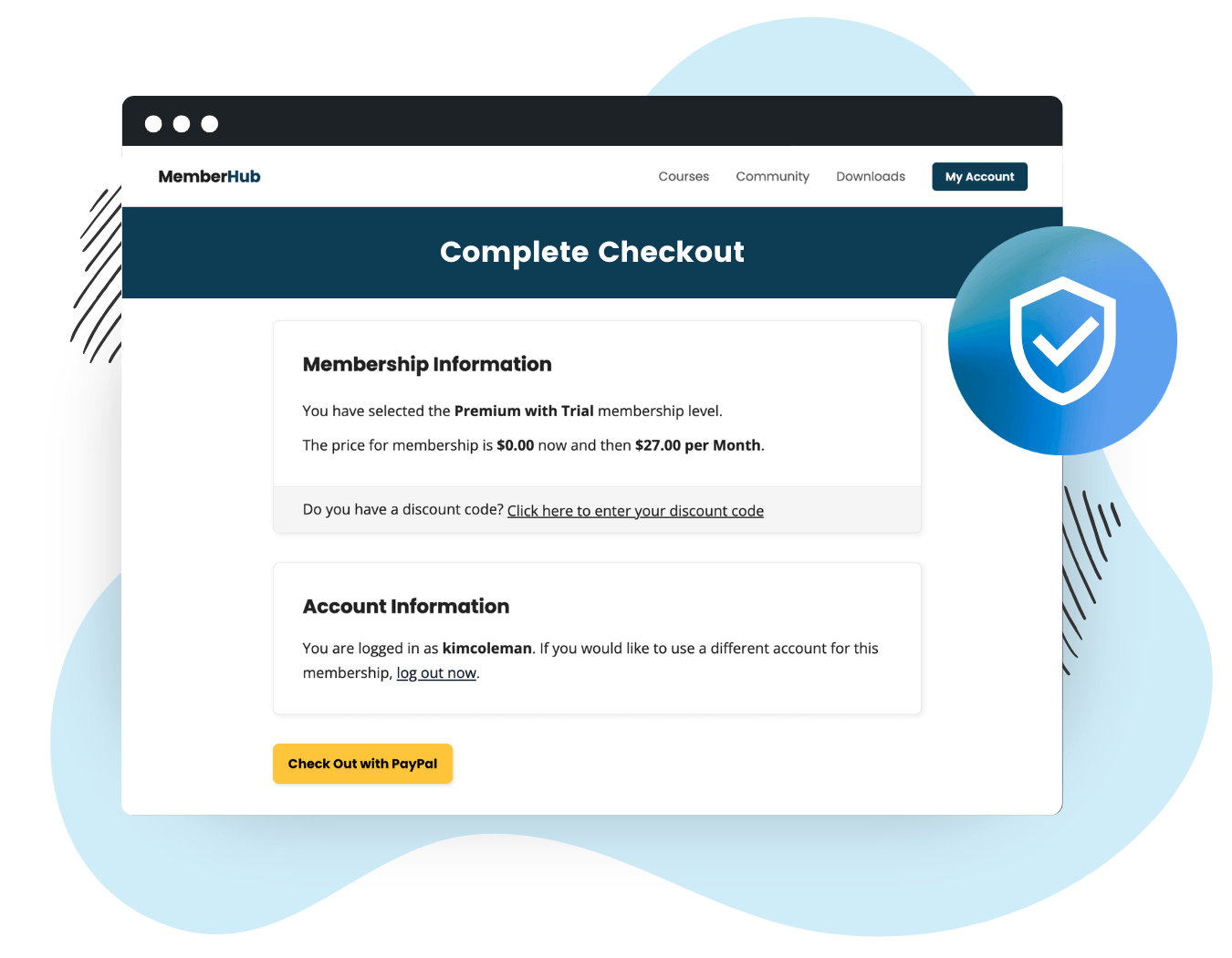 Example of first step of membership checkout with Paid Memberships Pro before going to PayPal to make payment