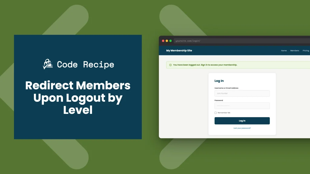 Code recipe thumbnail showing the PMPro login page with a green confirmation badge indicating the user was logged out and redirected