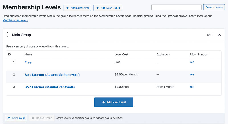 Screenshot of membership level examples in the WordPress admin