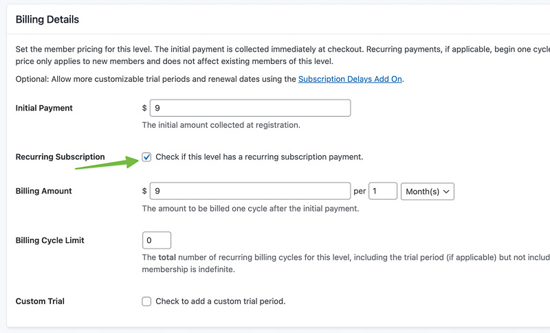 Screenshot of the billing details setting section when adding or editing a membership level in PMPro