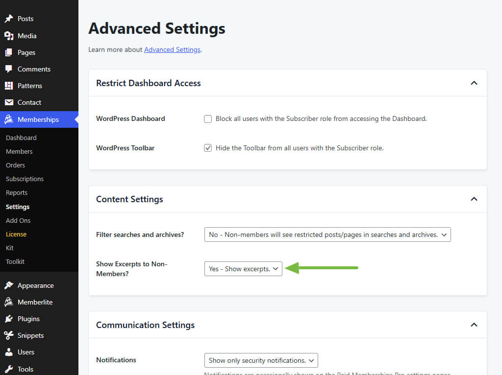 Screenshot of PMPro's Advanced Settings set to "Yes, show excerpts"