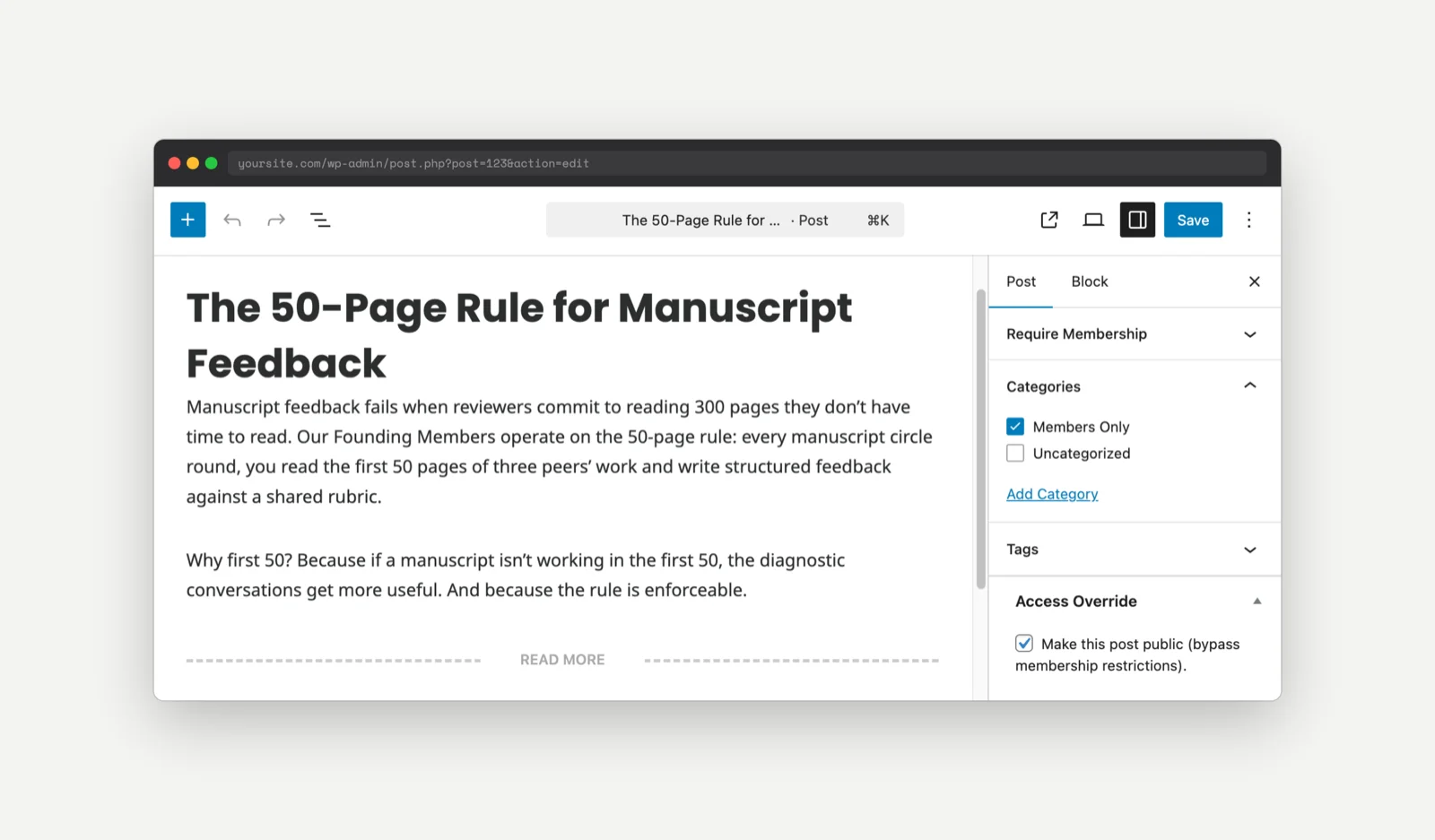 Post editor sidebar with the Access Override checkbox enabled on a post in the Members Only category