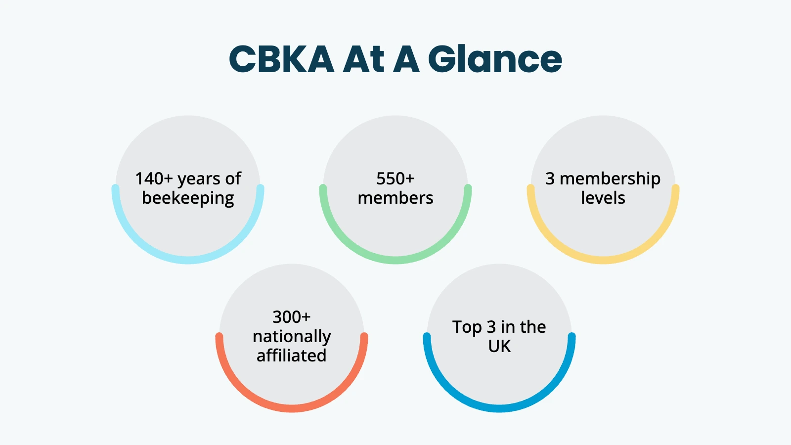 Infographic titled "CBKA At A Glance" showing five key stats about the Cambridgeshire Beekeepers' Association: 140+ years of beekeeping, 550+ members, 3 membership levels, 300+ nationally affiliated members, and a top 3 ranking in the UK.