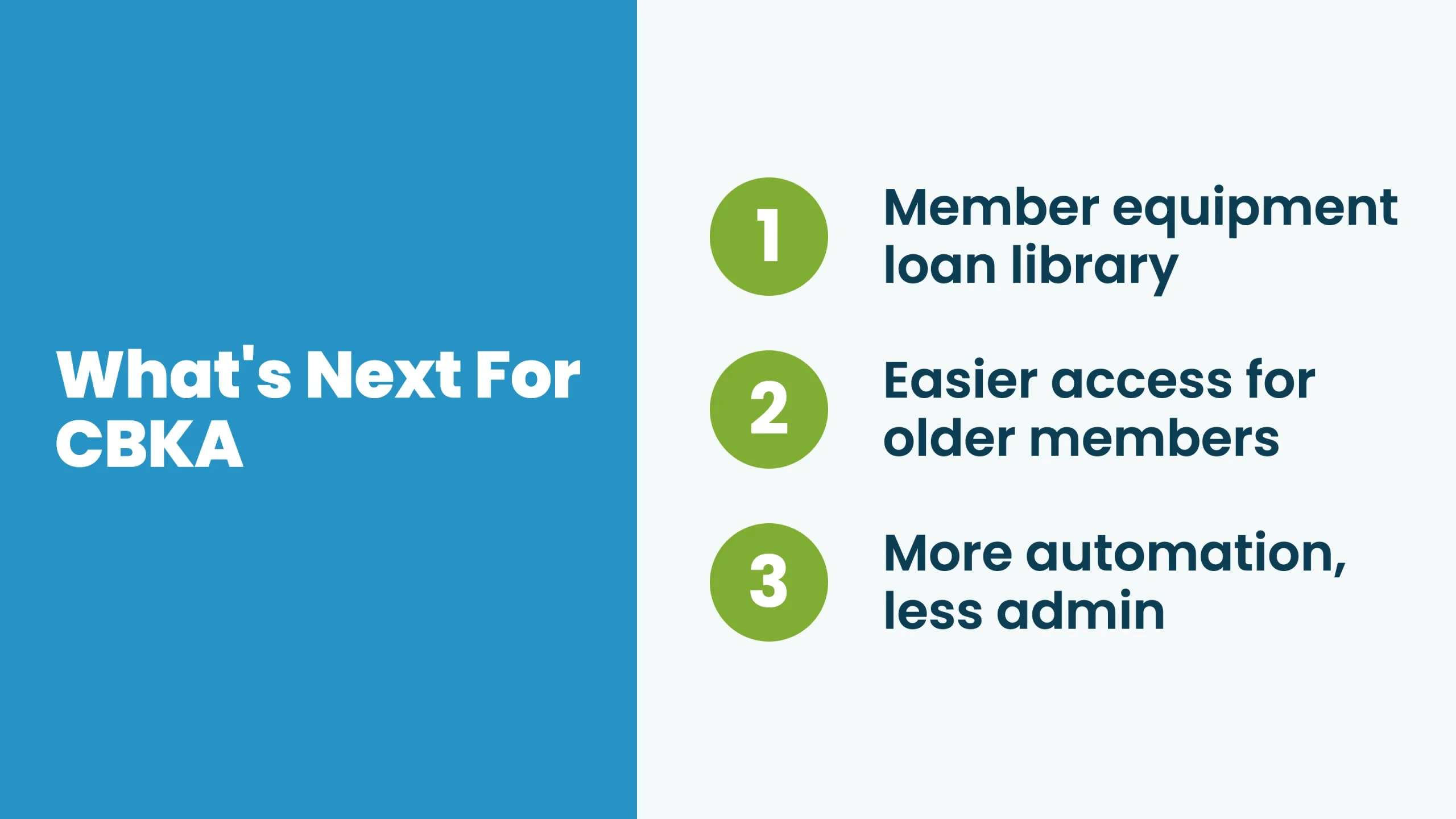 Infographic titled "What's Next For CBKA" outlining three roadmap items: a member equipment loan library, easier access for older members, and more automation with less admin.