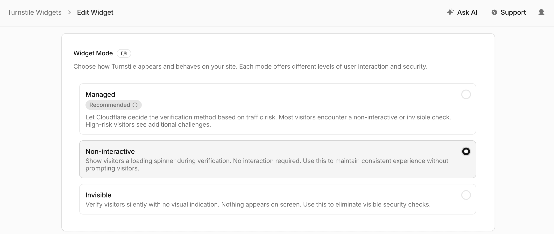 Cloudflare Turnstile dashboard showing widget mode options: Managed, Non-interactive, and Invisible