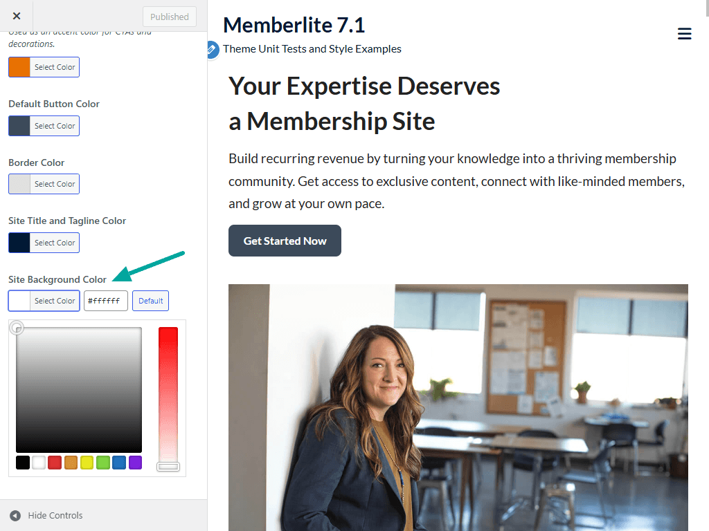 Screenshot showing how to set the site's background color