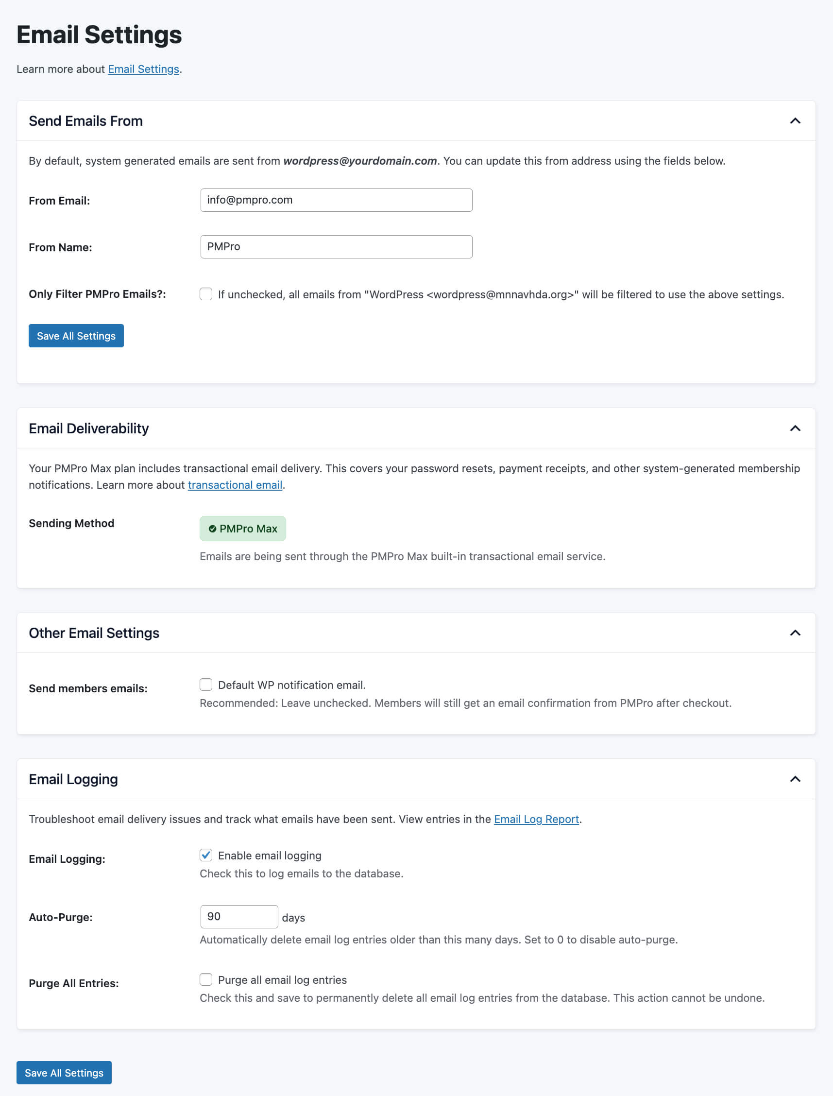 Screenshot of the Email Settings in Paid Memberships Pro as of v3.7+