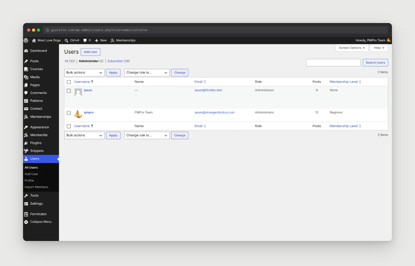 WordPress Users screen filtered to show Administrator-role accounts