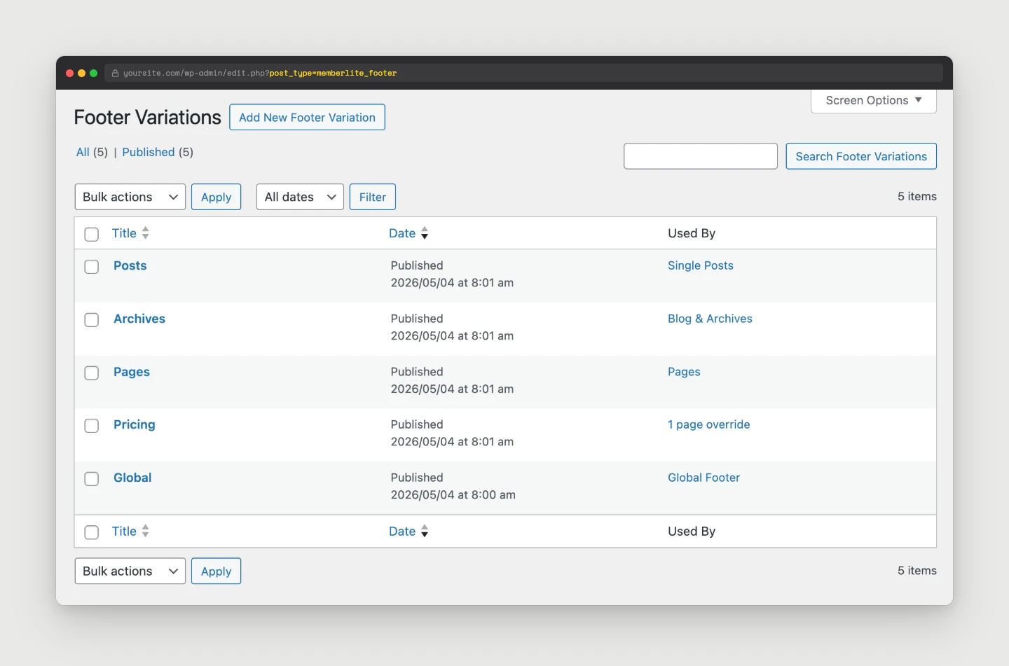 Memberlite > Footers admin list showing footer variations with the active footer marked Global Footer