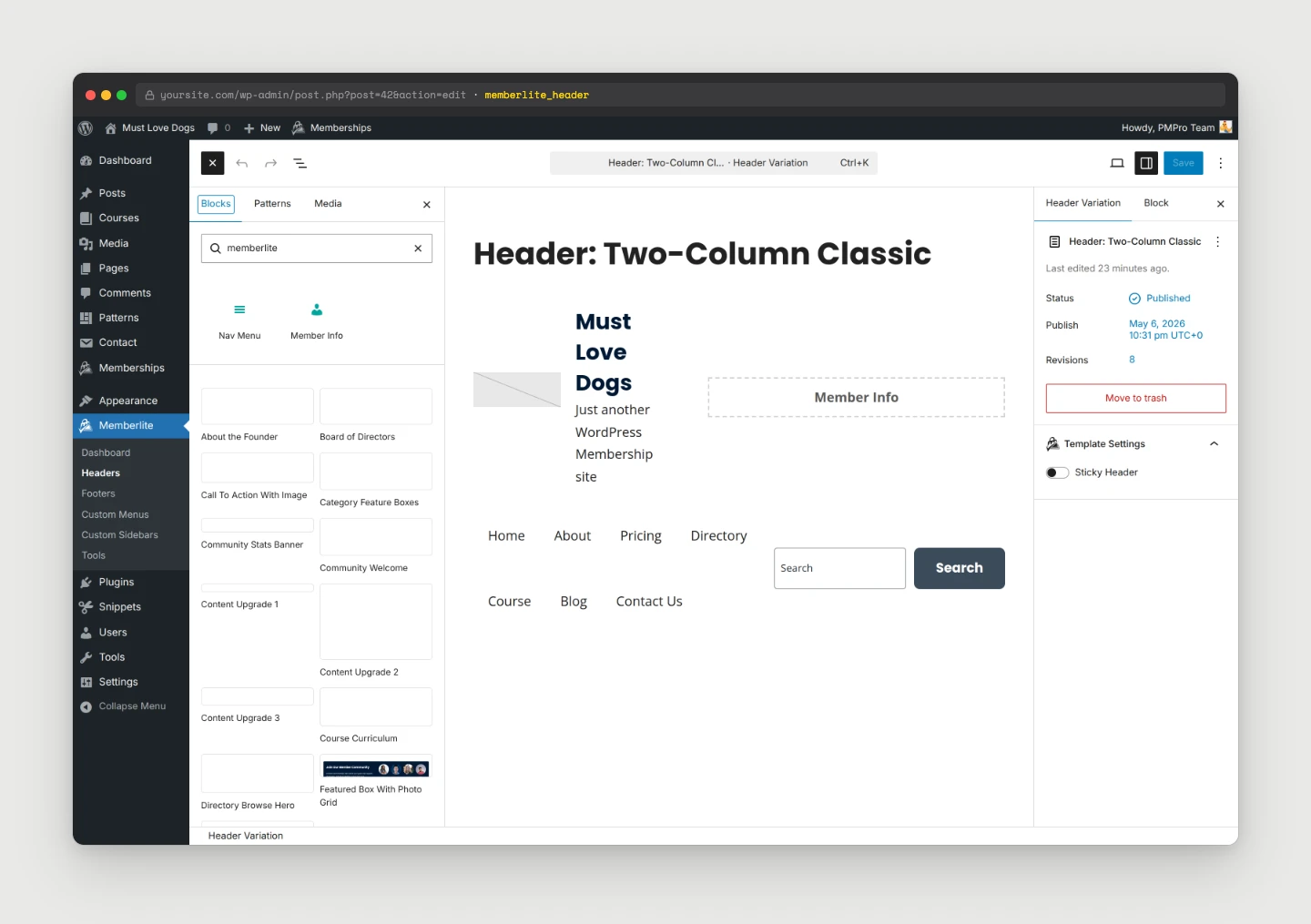Header variation post open in the block editor with the Memberlite block collection in the inserter