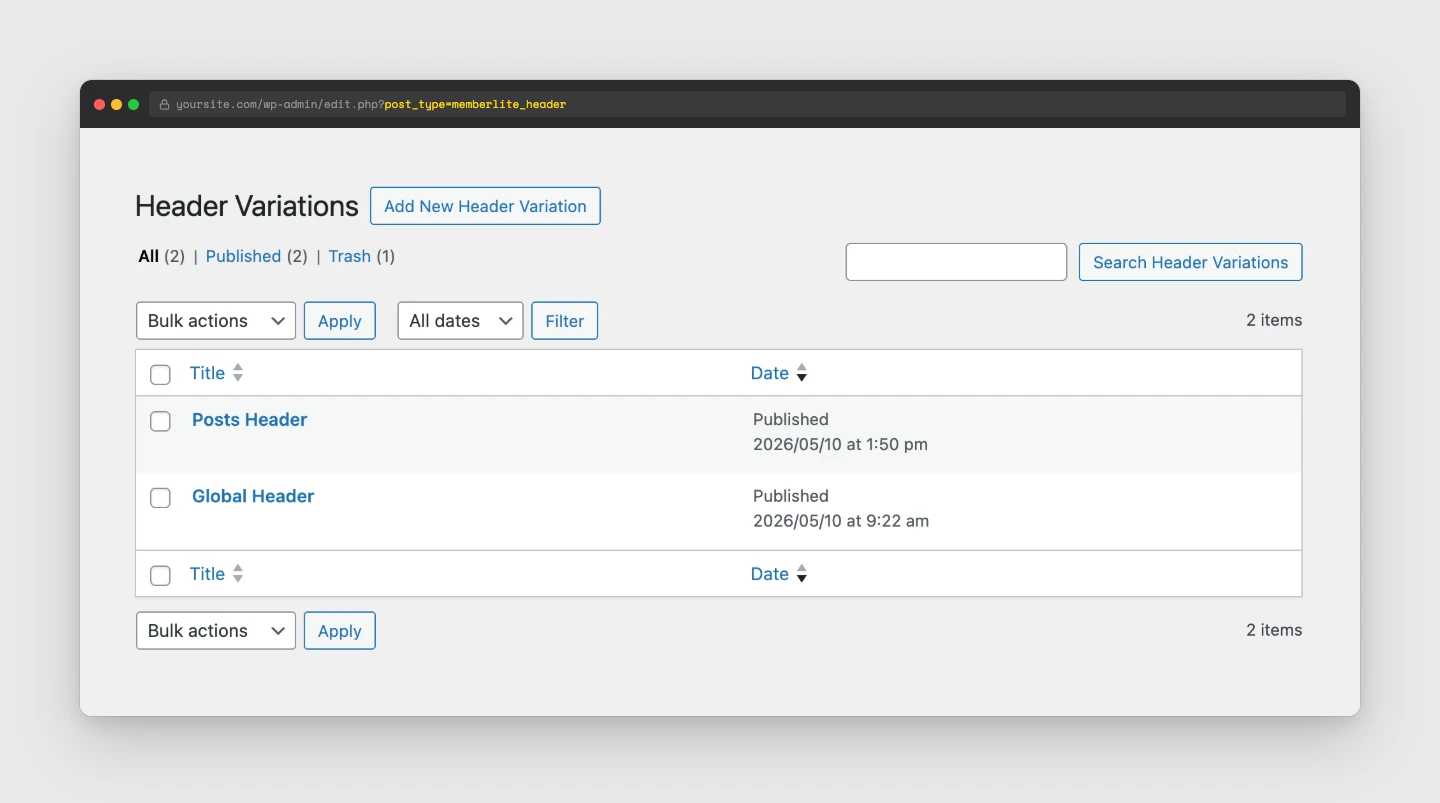 Memberlite > Headers admin list with three bundled header variations