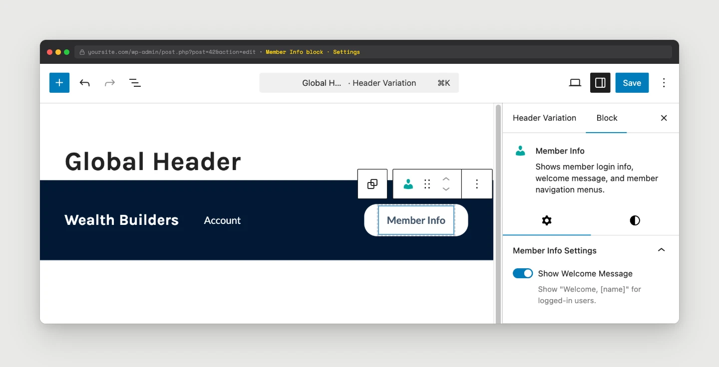 Member Info block selected inside a header variation in the block editor with the Inspector sidebar showing block settings