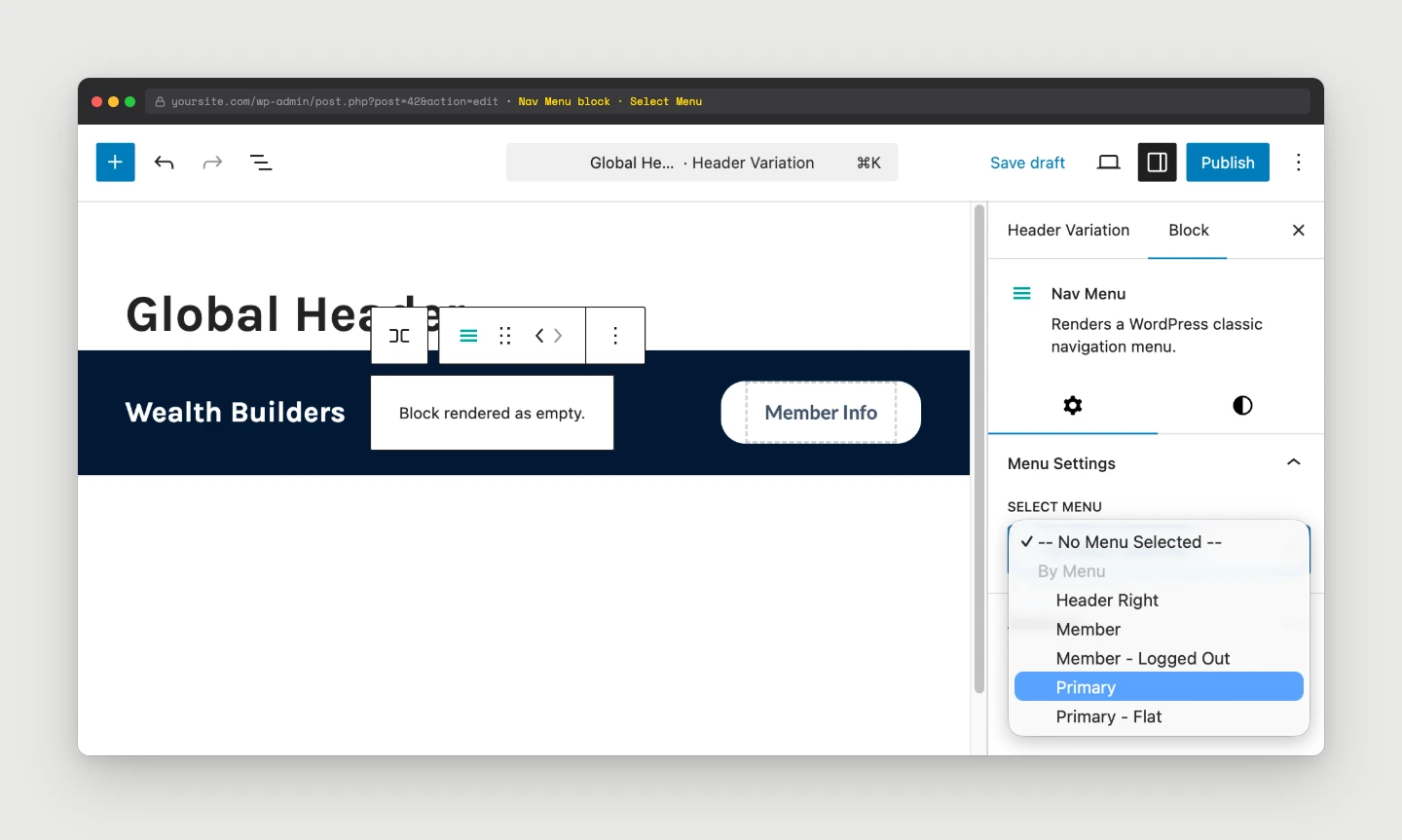 Nav Menu block selected in the editor with the Select Menu dropdown in the Inspector sidebar