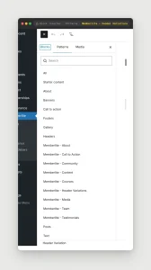 Pattern inserter sidebar showing the new Memberlite – Header Variations category alongside the other Memberlite pattern categories