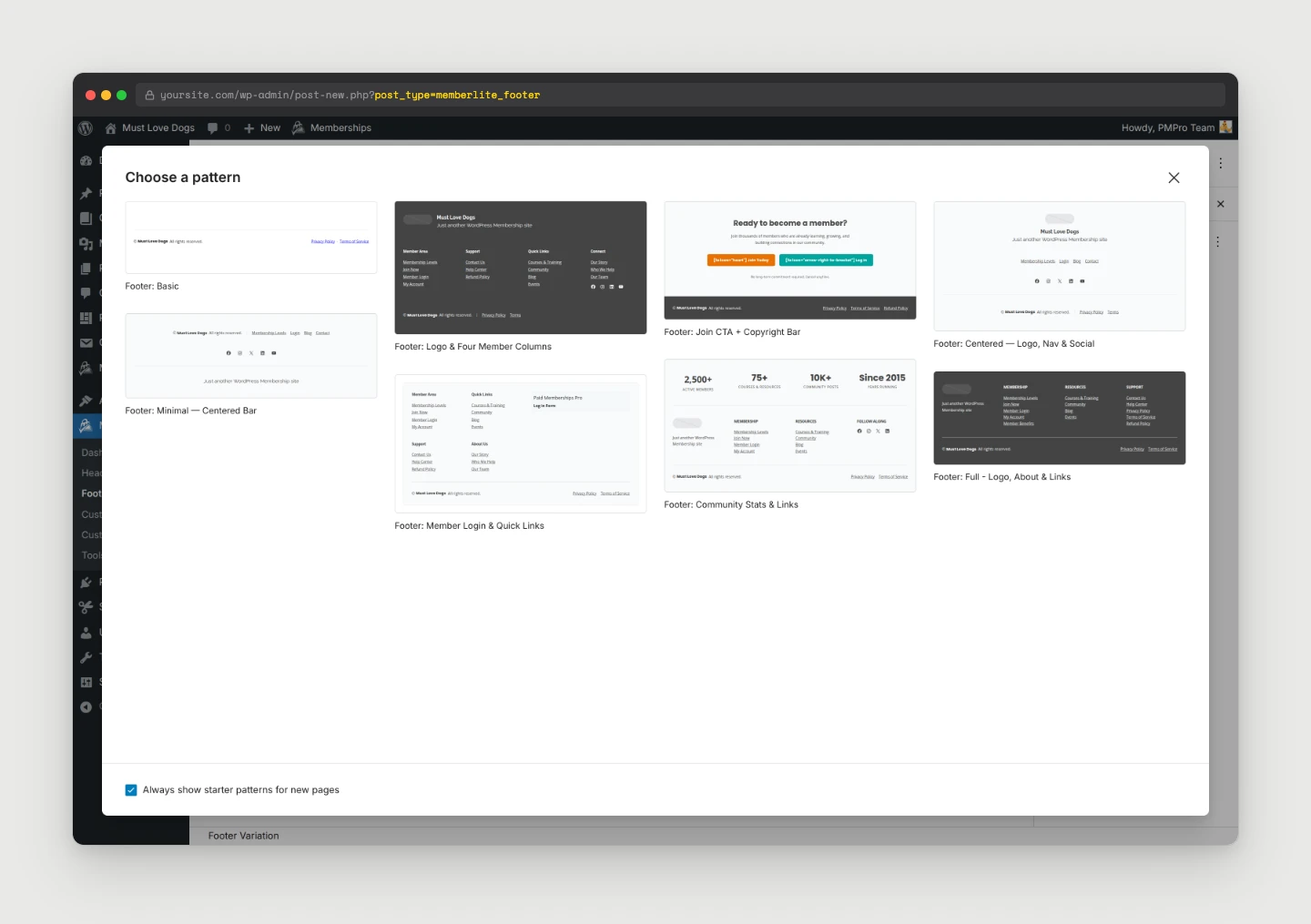 Starter template dialog showing the eight bundled footer patterns