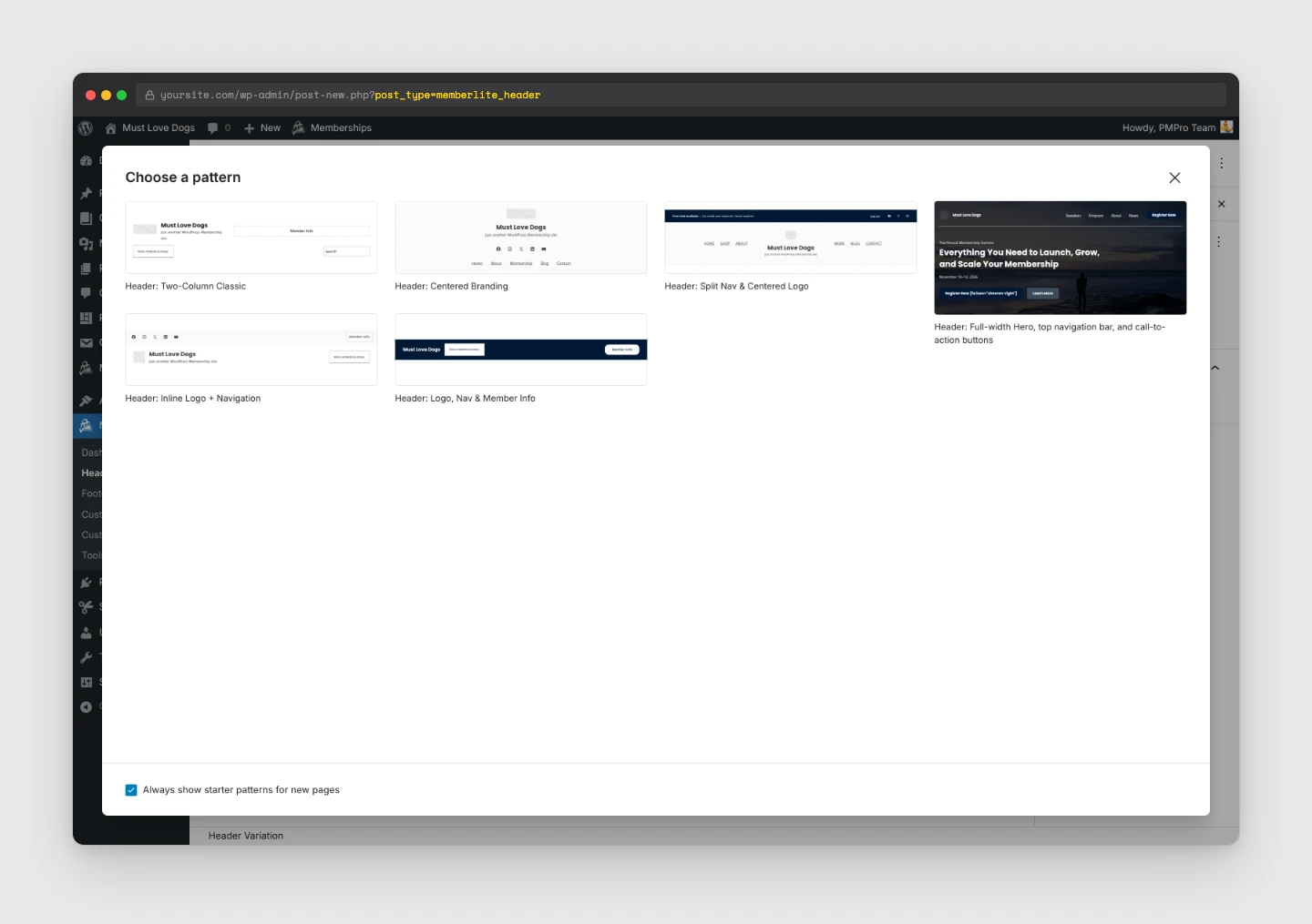 Starter template dialog showing the six bundled header patterns