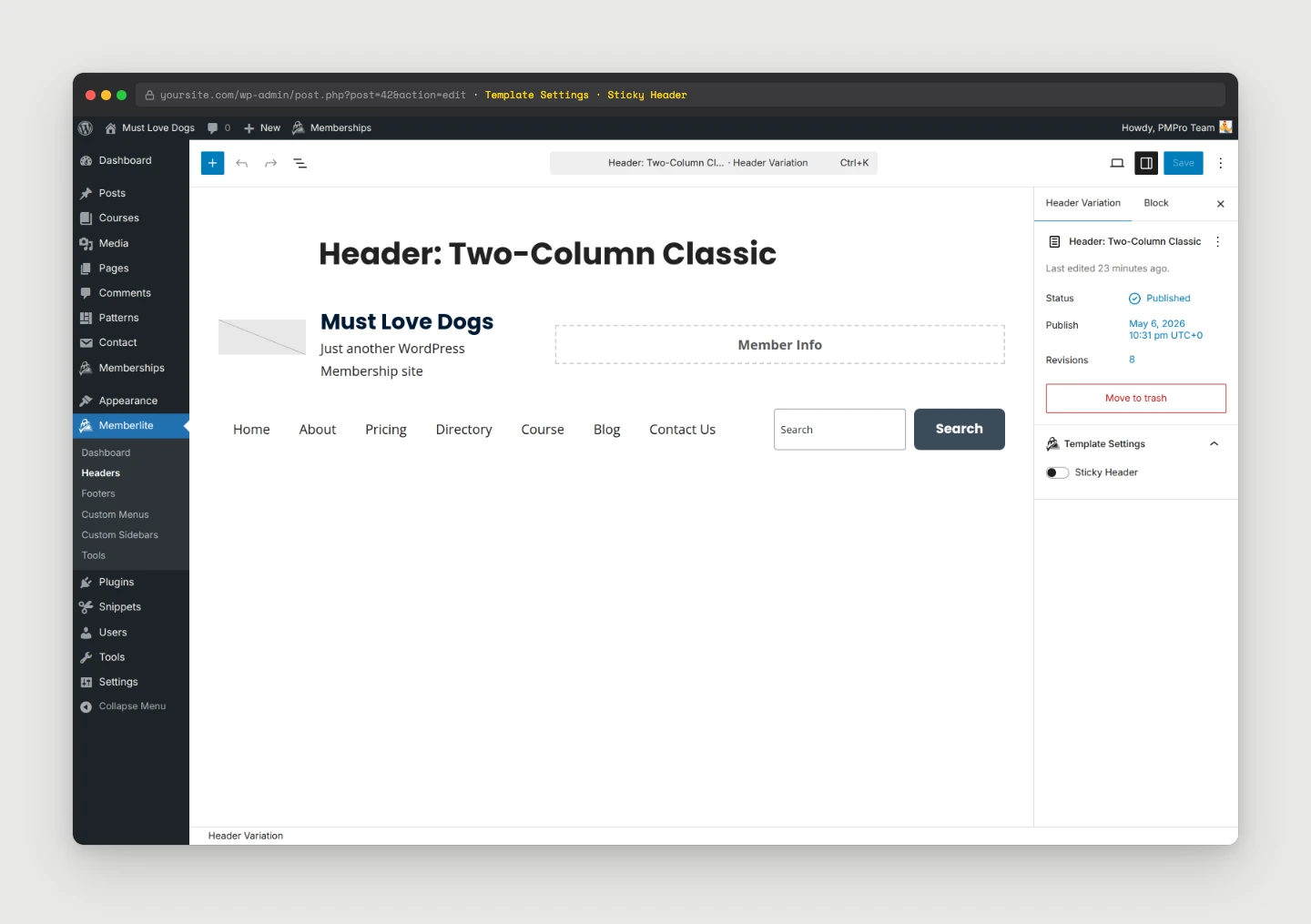 Header variation Inspector showing the per-header Sticky Header toggle