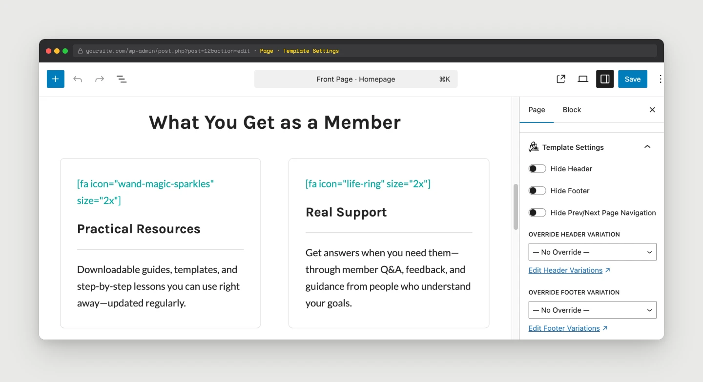Page block editor sidebar showing the Template Settings panel with per-page Override Header Variation and Override Footer Variation fields
