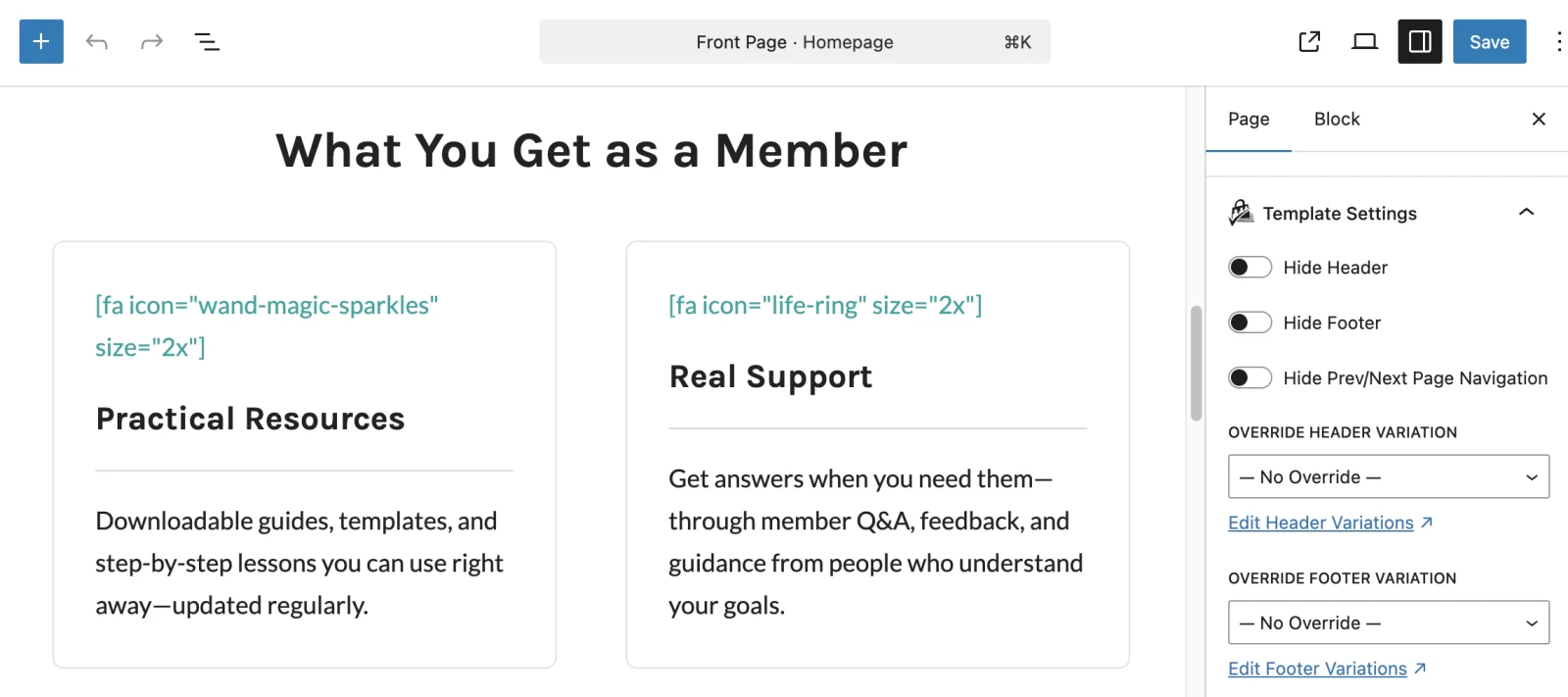 Page block editor sidebar showing the Template Settings panel with per-page Override Header Variation and Override Footer Variation fields