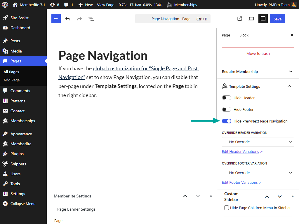 Screenshot showing Page Navigation settings in Memberlite