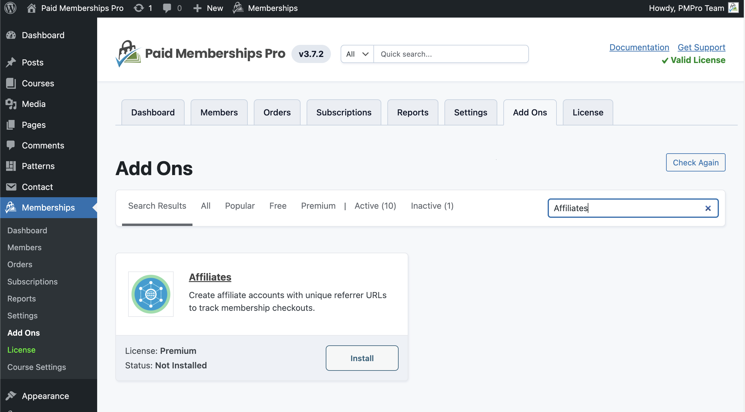 Screenshot of the Affiliates Add On installation via Memberships > Add On tab