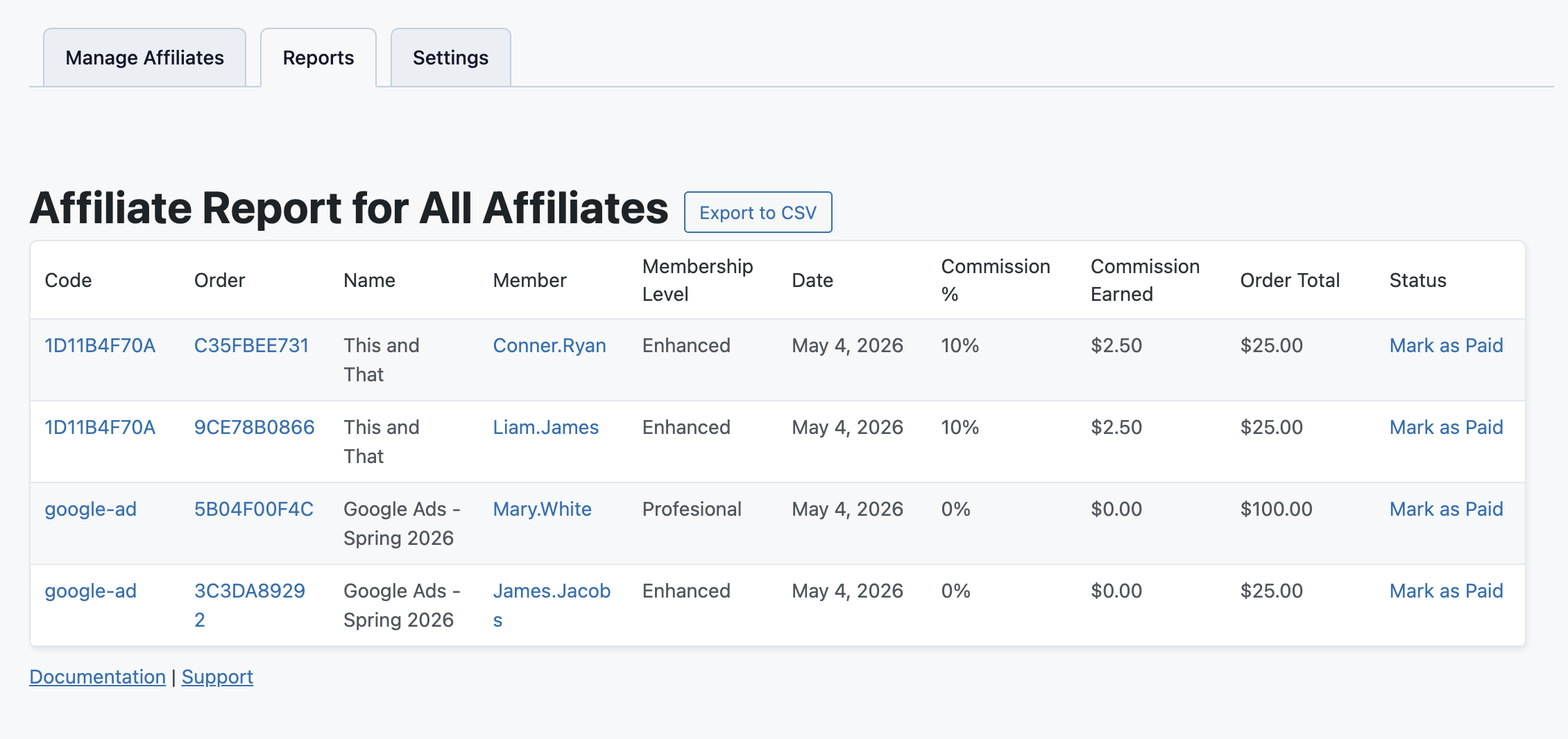 Screenshot of the Affiliate Report for all affiliates