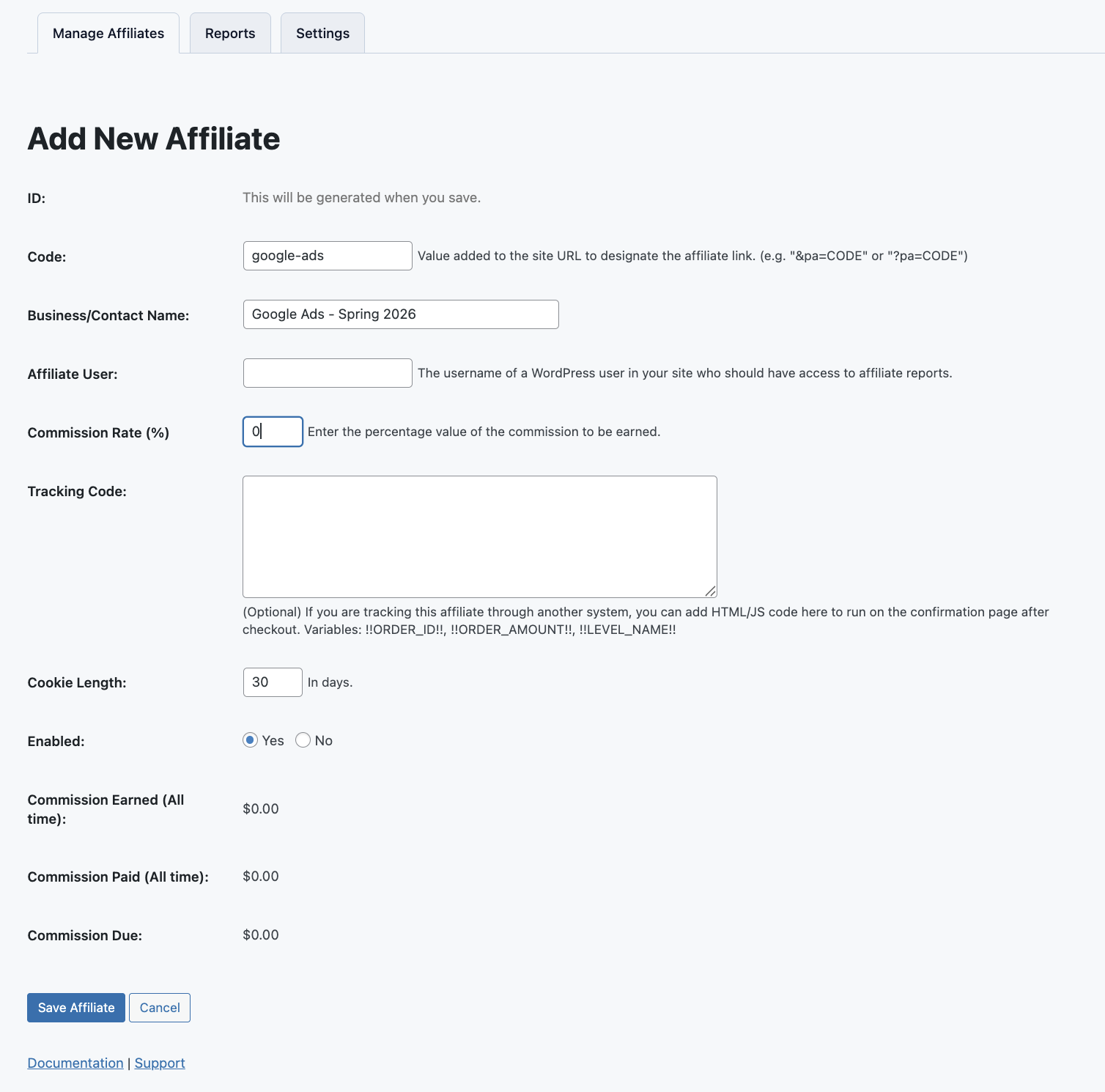 Screenshot of adding Google Ads as a new affiliate