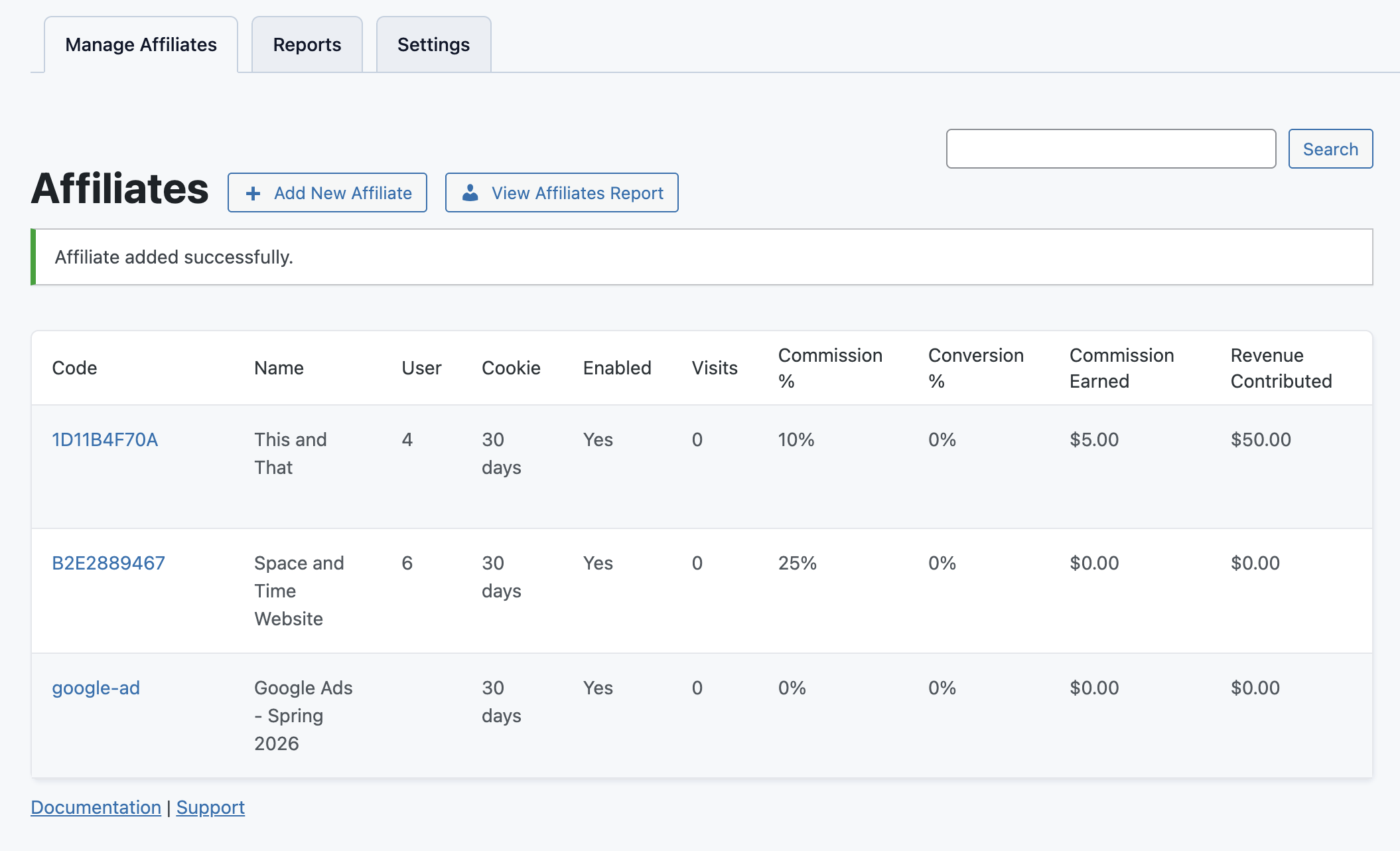 Screenshot of the affiliate table in WP admin highlighting the code name for each campaign