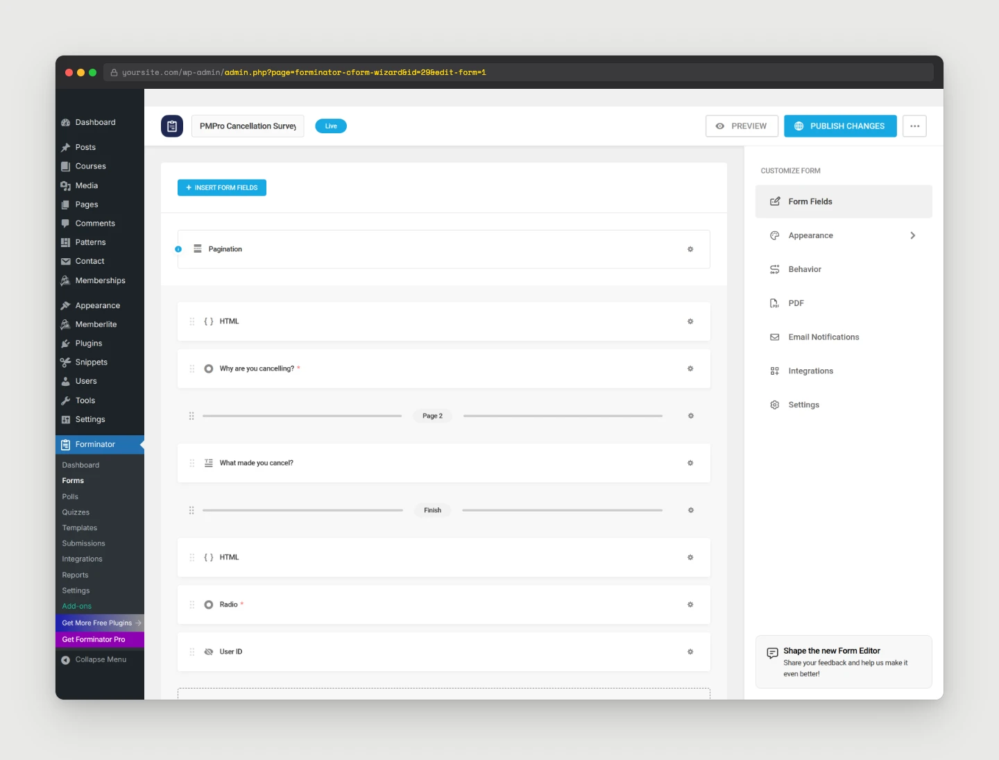 Forminator form builder showing the saved PMPro Cancellation Survey with all eight fields and two Page Break dividers