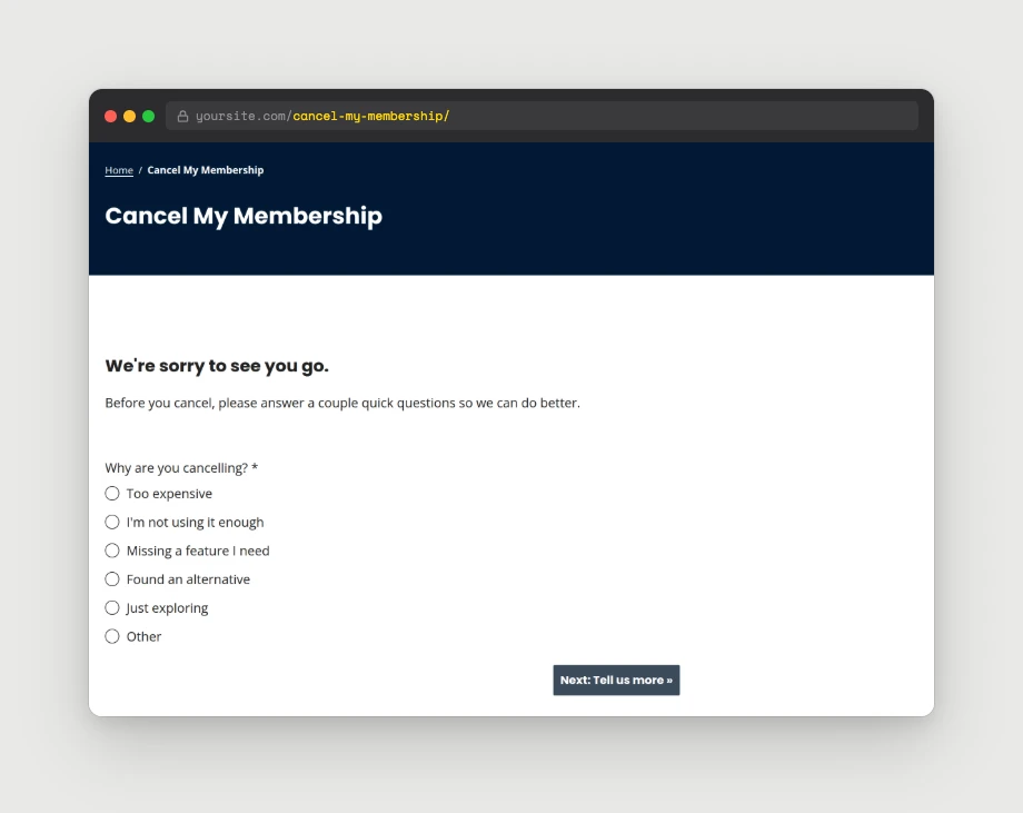Front-end of the PMPro Cancellation Survey Step 1 — Why are you cancelling? radio question with six options
