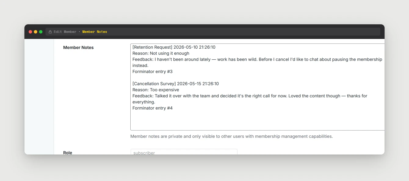 Close-up of the Member Notes textarea showing the formatted Retention Request and Cancellation Survey entries written by the handler with reason, feedback, and Forminator entry ID lines